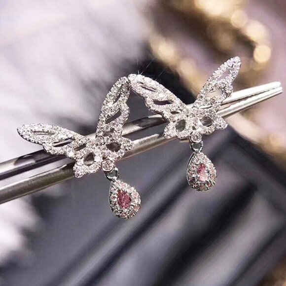 🎀Hollow Design Tear Drop Pink Butterfly Wings Earrings, MLNN1082 - Picture 1 of 4